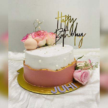 Pastel Birthday Cake And Flowers - Three-layered pink and white wedding cake  with flower theme - CleanPNG / KissPNG